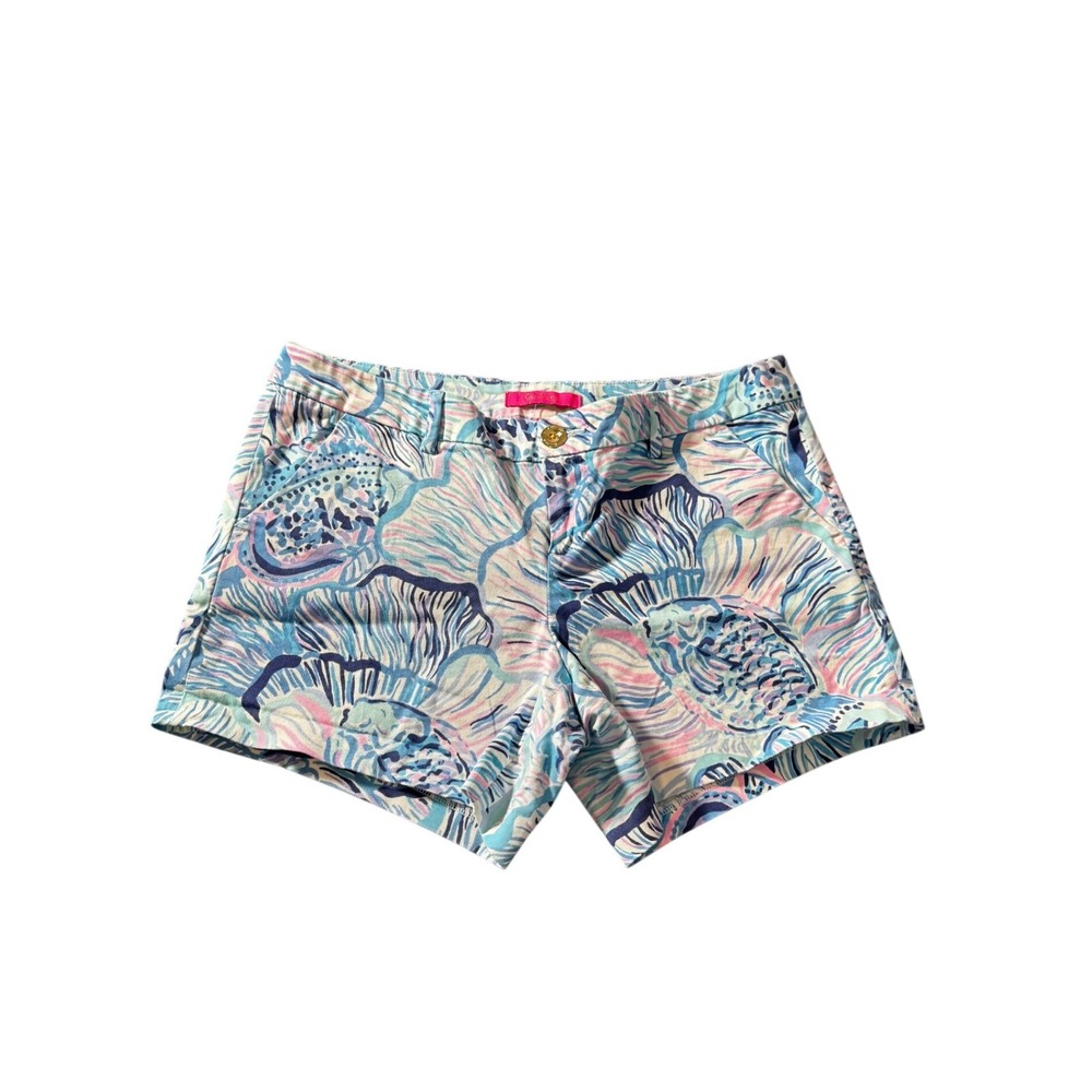 Lilly Pulitzer Callahan Chino Shorts Blue Pink Shell Print Women Size 8 5 Inseam